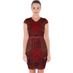 Awesome Chinese Dragon, Red Colors Capsleeve Drawstring Dress  by FantasyWorld7