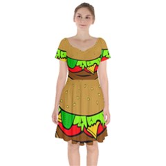 Hamburger Cheeseburger Fast Food Short Sleeve Bardot Dress by Sudhe