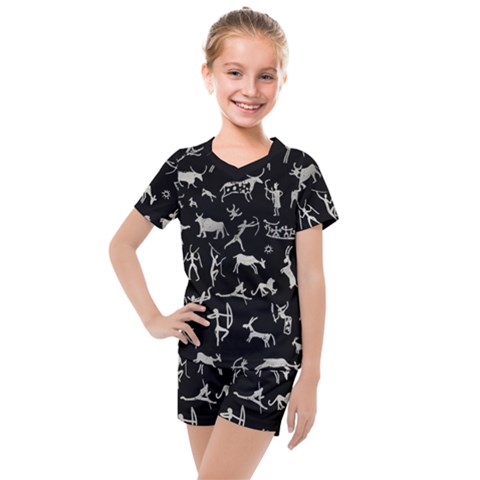 Petroglyph Nordic Beige And Black Background Petroglyph Nordic Beige And Black Background Kids  Mesh Tee And Shorts Set by snek