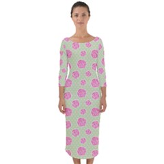 Roses Flowers Pink And Pastel Lime Green Pattern With Retro Dots Quarter Sleeve Midi Bodycon Dress by genx