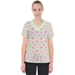 Roses Flowers Pink And Pastel Lime Green Pattern With Retro Dots Women s V-neck Scrub Top by genx