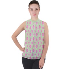 Roses Flowers Pink And Pastel Lime Green Pattern With Retro Dots Mock Neck Chiffon Sleeveless Top by genx