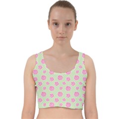 Roses Flowers Pink And Pastel Lime Green Pattern With Retro Dots Velvet Racer Back Crop Top by genx