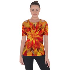 Flower Blossom Red Orange Abstract Shoulder Cut Out Short Sleeve Top by Pakrebo