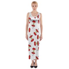 Red Apple Core Funny Retro Pattern Half On White Background Fitted Maxi Dress by genx