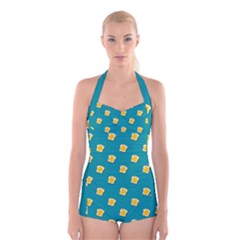 Toast With Cheese Funny Retro Pattern Turquoise Green Background Boyleg Halter Swimsuit  by genx