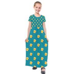 Toast With Cheese Funny Retro Pattern Turquoise Green Background Kids  Short Sleeve Maxi Dress by genx