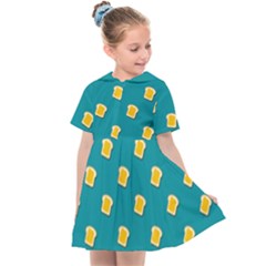 Toast With Cheese Funny Retro Pattern Turquoise Green Background Kids  Sailor Dress by genx
