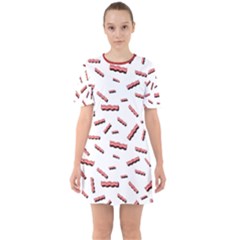 Funny Bacon Slices Pattern Infidel Red Meat Sixties Short Sleeve Mini Dress by genx
