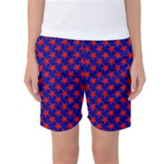 Red Stars Pattern On Blue Women s Basketball Shorts by BrightVibesDesign