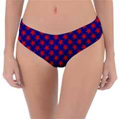 Red Stars Pattern On Blue Reversible Classic Bikini Bottoms by BrightVibesDesign