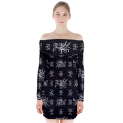 Black And White Ethnic Design Print Long Sleeve Off Shoulder Dress by dflcprintsclothing