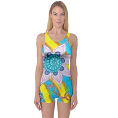 Tie-dye Flower And Butterflies One Piece Boyleg Swimsuit by okhismakingart
