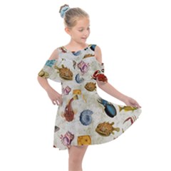 Sea World Vintage Pattern Kids  Shoulder Cutout Chiffon Dress by Valentinaart