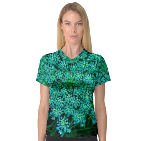Turquoise Queen Anne s Lace V-neck Sport Mesh Tee by okhismakingart
