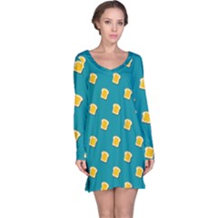 Toast With Cheese Pattern Turquoise Green Background Retro Funny Food Long Sleeve Nightdress by genx