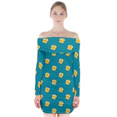 Toast With Cheese Pattern Turquoise Green Background Retro Funny Food Long Sleeve Off Shoulder Dress by genx