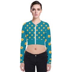 Toast With Cheese Pattern Turquoise Green Background Retro Funny Food Long Sleeve Zip Up Bomber Jacket by genx