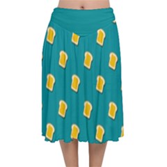 Toast With Cheese Pattern Turquoise Green Background Retro Funny Food Velvet Flared Midi Skirt by genx