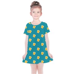 Toast With Cheese Pattern Turquoise Green Background Retro Funny Food Kids  Simple Cotton Dress by genx
