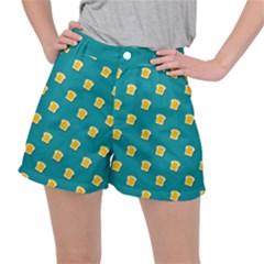 Toast With Cheese Pattern Turquoise Green Background Retro Funny Food Stretch Ripstop Shorts by genx