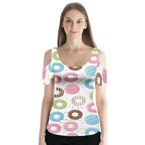 Donut Pattern With Funny Candies Butterfly Sleeve Cutout Tee  by genx