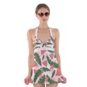 Tropical Watermelon Leaves Pink and green jungle leaves retro Hawaiian style Halter Dress Swimsuit  View1