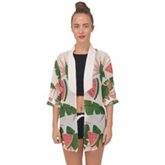 Tropical Watermelon Leaves Pink And Green Jungle Leaves Retro Hawaiian Style Open Front Chiffon Kimono by genx