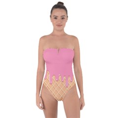 Ice Cream Pink Melting Background With Beige Cone Tie Back One Piece Swimsuit by genx