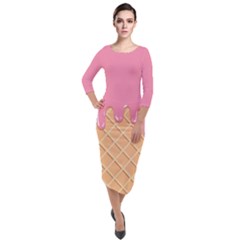 Ice Cream Pink Melting Background With Beige Cone Quarter Sleeve Midi Velour Bodycon Dress by genx