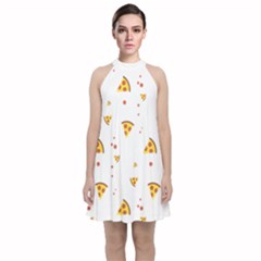 Pizza Pattern Pepperoni Cheese Funny Slices Velvet Halter Neckline Dress  by genx
