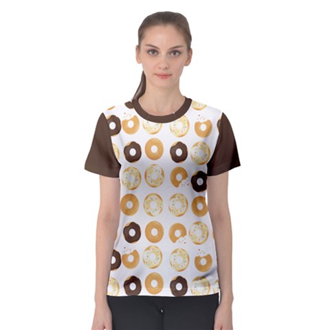 Donuts Pattern With Bites Bright Pastel Blue And Brown Cropped Sweatshirt Women s Sport Mesh Tee by genx
