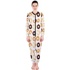 Donuts Pattern With Bites Bright Pastel Blue And Brown Cropped Sweatshirt Onepiece Jumpsuit (ladies)  by genx