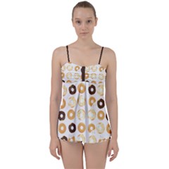 Donuts Pattern With Bites Bright Pastel Blue And Brown Cropped Sweatshirt Babydoll Tankini Set by genx