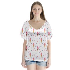 Ice Cream Cones Watercolor With Fruit Berries And Cherries Summer Pattern V-neck Flutter Sleeve Top by genx
