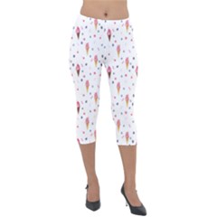 Ice Cream Cones Watercolor With Fruit Berries And Cherries Summer Pattern Lightweight Velour Capri Leggings  by genx