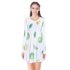 Lemon And Limes Yellow Green Watercolor Fruits With Citrus Leaves Pattern Long Sleeve V-neck Flare Dress by genx