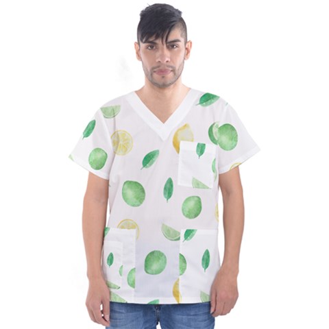 Lemon And Limes Yellow Green Watercolor Fruits With Citrus Leaves Pattern Men s V-neck Scrub Top by genx