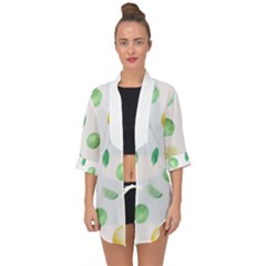 Lemon And Limes Yellow Green Watercolor Fruits With Citrus Leaves Pattern Open Front Chiffon Kimono by genx