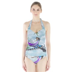 Cute Fairy Dancing On A Piano Halter Swimsuit by FantasyWorld7