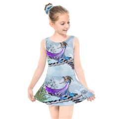 Cute Fairy Dancing On A Piano Kids  Skater Dress Swimsuit by FantasyWorld7
