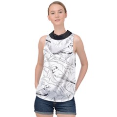 Birds Hand Drawn Outline Black And White Vintage Ink High Neck Satin Top by genx