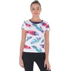 Feathers Boho Style Purple Red And Blue Watercolor Short Sleeve Sports Top  by genx