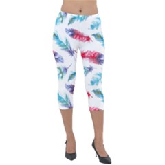 Feathers Boho Style Purple Red And Blue Watercolor Lightweight Velour Capri Leggings  by genx