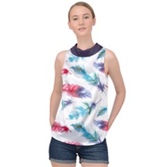 Feathers Boho Style Purple Red And Blue Watercolor High Neck Satin Top by genx
