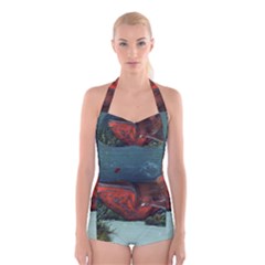 Awesome Mechanical Whale In The Deep Ocean Boyleg Halter Swimsuit  by FantasyWorld7