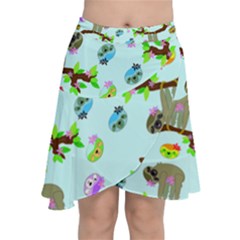 Sloth Aqua Blue Cute Cartoon Tile Green Chiffon Wrap Front Skirt by HermanTelo