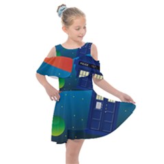 Tardis Doctor Time Travel Kids  Shoulder Cutout Chiffon Dress by HermanTelo