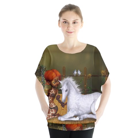 Cute Fairy With Unicorn Foal Batwing Chiffon Blouse by FantasyWorld7