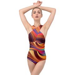 Abstract Colorful Background Wavy Cross Front Low Back Swimsuit by Sapixe